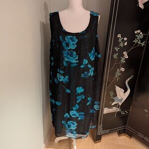 Vintage 90s Blue Floral Sequin Lined Dress Women's 24W Semi-sheer Sleeveless 175